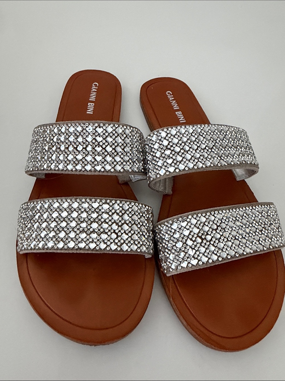 Gianni Bini Brown Footbed Silver Rhinestone Slide Sandals